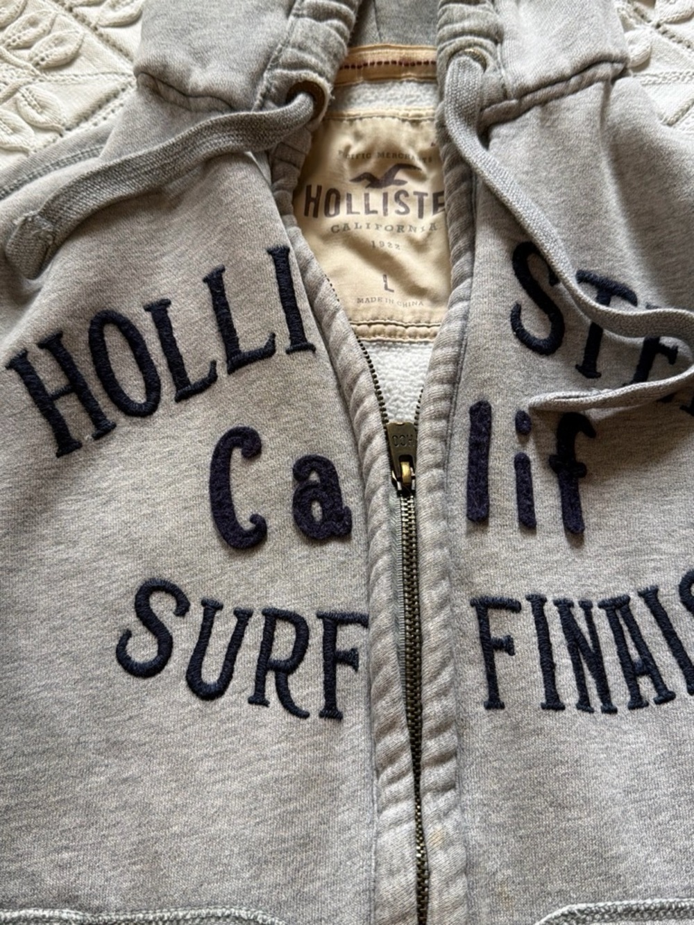 Hollister Light Gray Hooded Zip Sweatshirt with Navy Embroidery